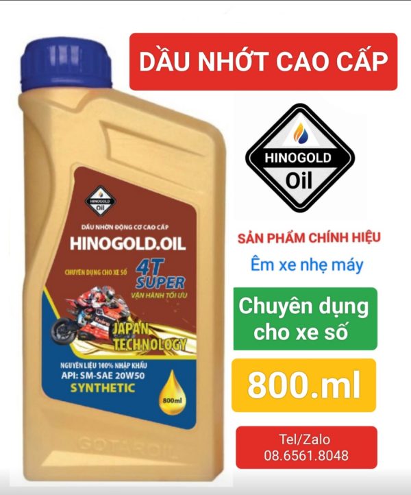 DẦU NHỚT ĐỘNG CƠ XE MÁY HINO.GOLD 4T/API SM-SAE:20W50 chuyên dụng cho xe số (Bình nhựa 0,8 Lít)